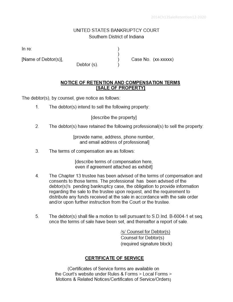 Notice Of Retention And Compensation Terms [Sale Of Property] | Pdf Fpdf Docx | Indiana